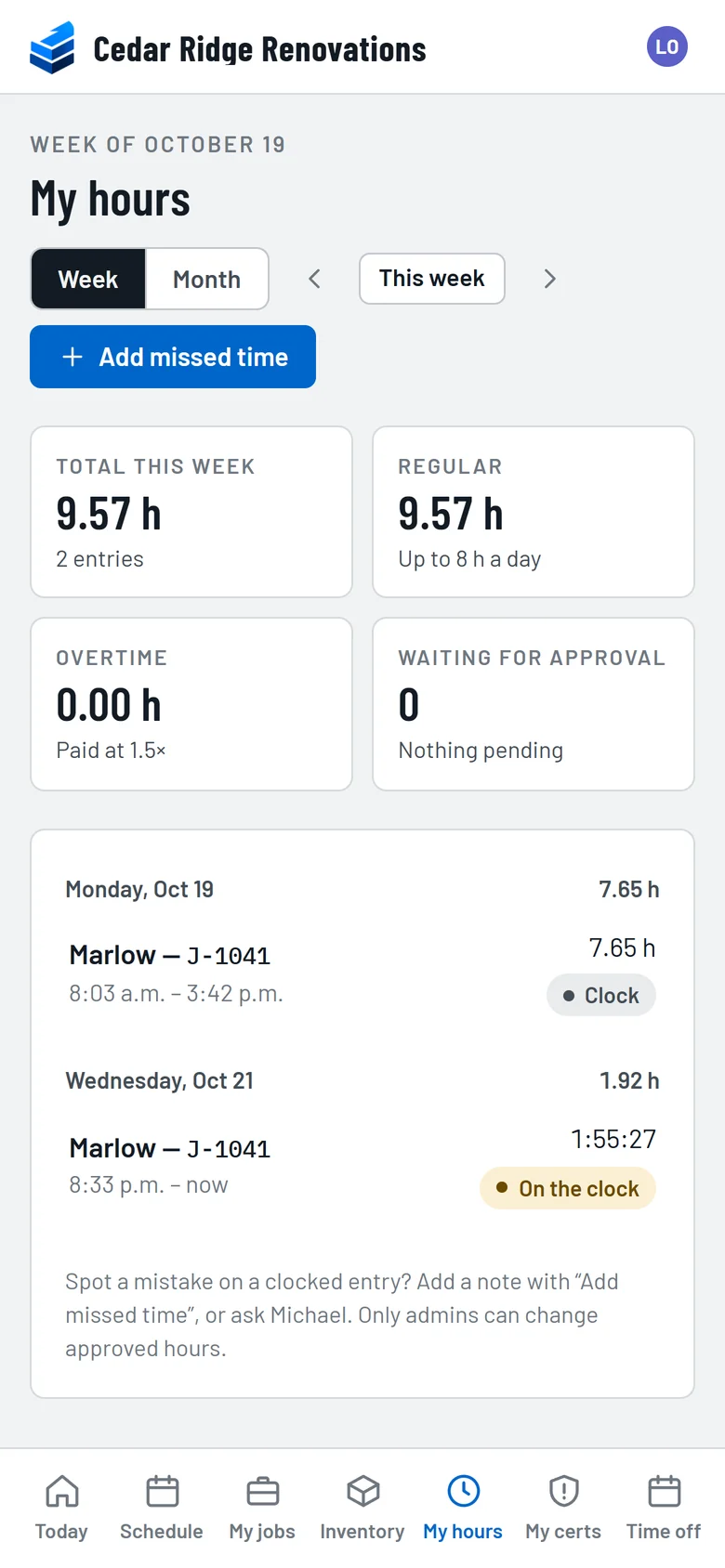 A crew member's hours for the week, regular and overtime